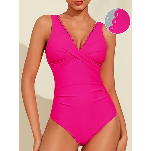 

Women's Swimwear Triangle (V-neck) onepiece Swimsuit Removable Pad petal border Solid / Plain Color Black Rose Red Light Blue V Neck Bathing Suits New Vacation Beach Wear Beach