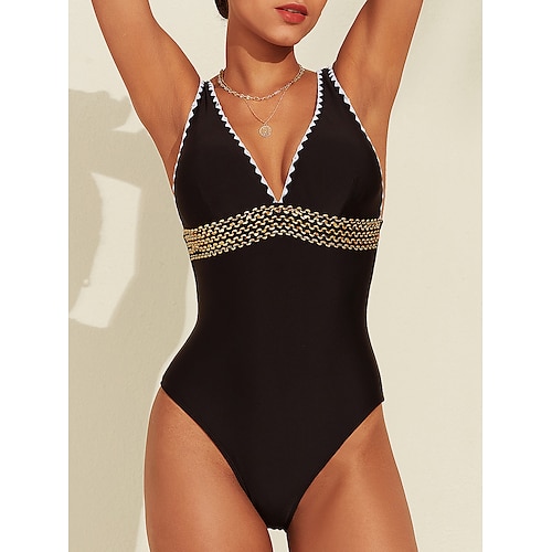 

Women's Swimwear Triangle (V-neck) onepiece Swimsuit Sequins Removable Pad Solid / Plain Color Black Longline triangle Bathing Suits New Vacation Beach Wear Swim Sets