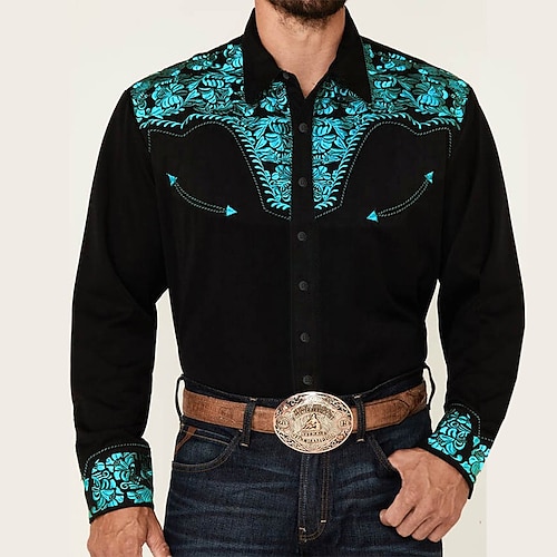 

Men's Shirt Western Shirt Floral Graphic Prints Turndown Red Blue Purple Green Gray Outdoor Street Long Sleeve Print Button-Down Clothing Apparel Fashion Designer Casual Soft