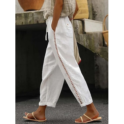 

Women's Pants Trousers Linen Cotton Blend Plain Dark Gray White Casual Daily Ankle-Length Outdoor Going out Spring, Fall, Winter, Summer