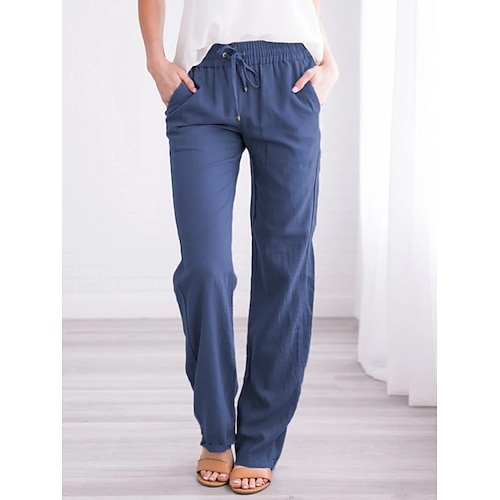 

Women's Pants Trousers Linen Cotton Blend Side Pockets Full Length Black Spring & Summer