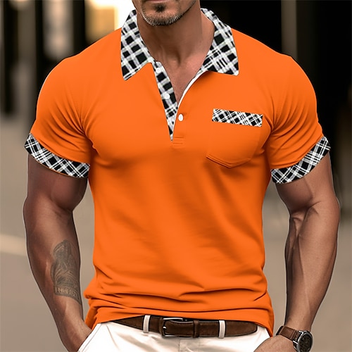 

Men's Polo Shirt Golf Shirt Casual Holiday Lapel Short Sleeve Fashion Basic Houndstooth Plaid / Check Patchwork Pocket Summer Regular Fit White Orange Khaki Polo Shirt