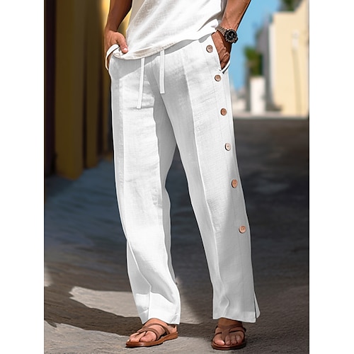 

40% Linen Men's Linen Pants Trousers Summer Pants Drawstring Elastic Waist Side Button Plain Breathable Comfortable Office / Career Daily Vacation Classic Casual Black White