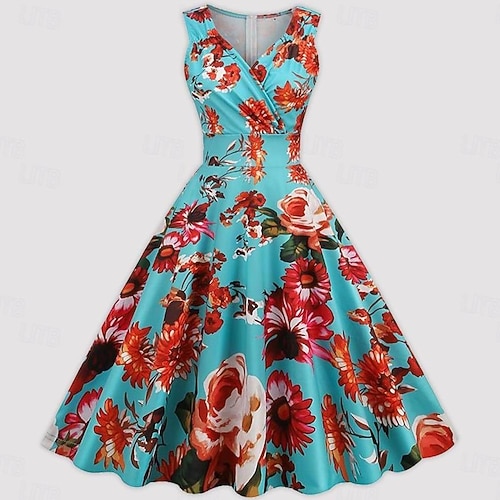 1950s Vintage Inspired Cocktail Dress Midi Dress Cocktail Dress Prom Dress  Sleeveless Flounced Floral Print Vintage Printing Princess V Neck Fancy  Dress Women's Masquerade Party Wedding Party Tea 2026 - 29.99