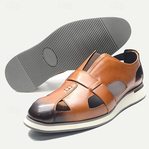  herrsandaler i brunt läder med utskurna loafers - ventilerande slip-on vardagsskor med kontrast tå för sommaren