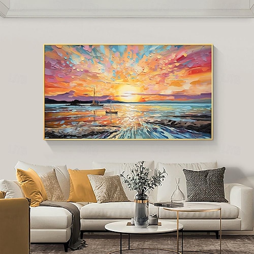 2025年 油絵手描きの印象派海辺の日没の油絵キャンバス現代海景