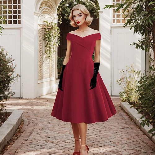 1950s Retro Vintage Knee Length Cocktail Dress Swing Dress Flare Dress Off Shoulder Solid Color Fit & Flare Swing Fancy Dress Women's Valentine's Day 1950s Retro Vintage Knee Length Cocktail Dress Swing Dress Flare Dress Off Shoulder Solid Color Fit & Flare Swing Fancy Dress Women's Valentine's Day