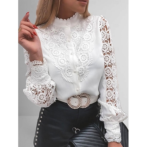 Per donna Camicia Blusa Occhiello in alto Top per occhielli bianchi Colore dell'immagine 1 Colore dell'immagine 2 Colore dell'immagine 3 Liscio Pizzo Tagliato Manica lunga Informale Giornaliero