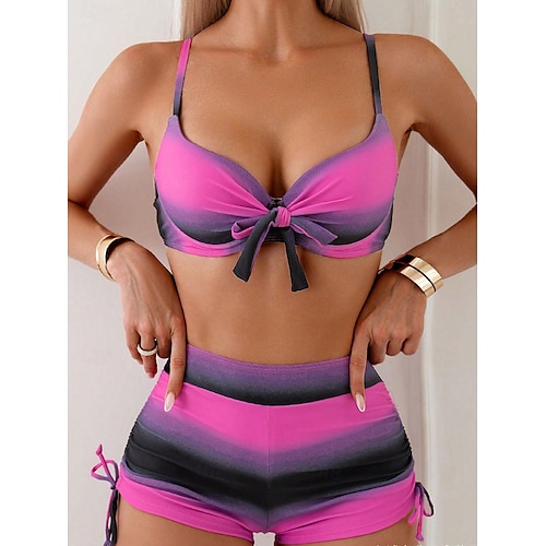 maillot de bain femme ensemble bikini licou noué devant short taille haute dégradé rose gris vêtements de plage d'été séchage rapide coupe réglable taille standard