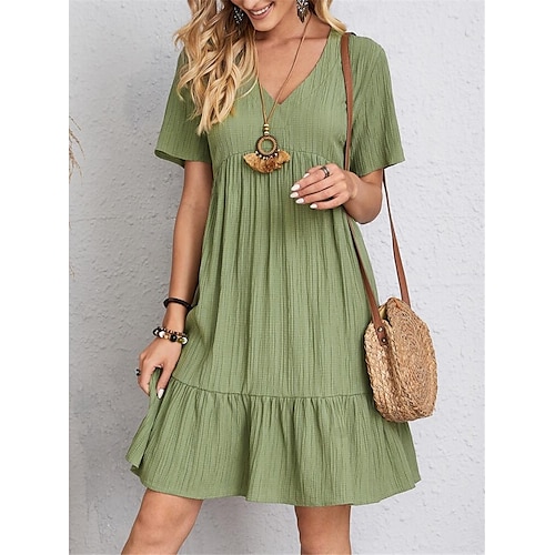 Femmes Mini Robe Robes inspirées du lin Robe Décontractée Robe d'été Robe unie Streetwear Basique Vacances Rue Date Coupe Ample Manche Courte Col en V Noir Rouge Violet Marron Été