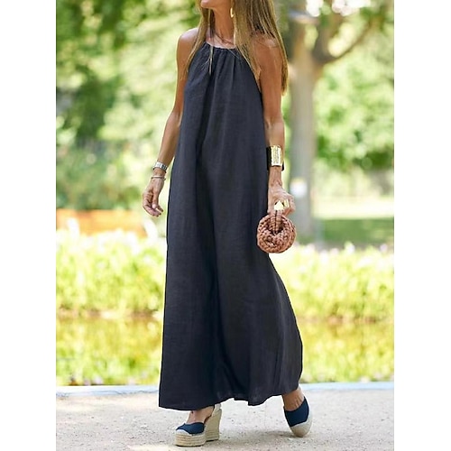 Femmes Noir Marron Été Printemps Robe Maxi Robes en coton et lin Robe Décontractée Robe à bretelles Basique Moderne Quotidien Week-end Coupe Ample Uni Bretelles spaghetti