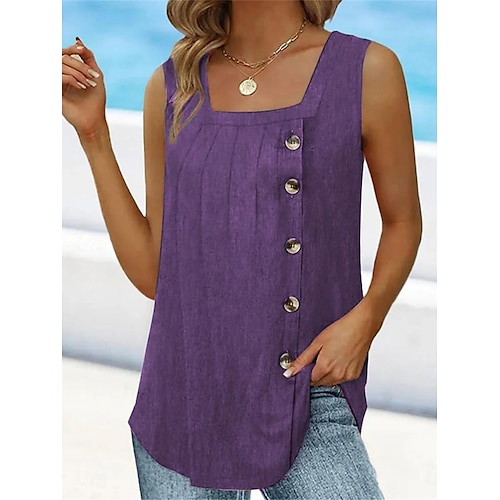  Women's Camisole Tank Top Sleeveless Round Neck Asymmetrical Button Side Solid Color Casual Summer Top Regular Fit Charcoal Green