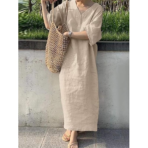 Femmes bleu marine Orange Vert Été Printemps Robe maxi Robes inspirées du lin Robe Décontractée Basique Moderne Quotidien Week-end Coupe Ample Uni Col en V