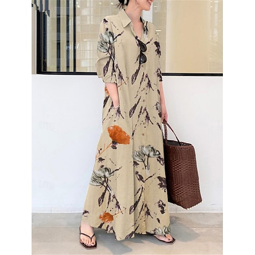 Mujer Verde Trébol Albaricoque Verano Primavera Vestido largo maxi Vestidos de lino y algodón Vestido de Camisa Vestido informal Estilo moderno Diario Fin de semana Holgado Floral Cuello Camisero