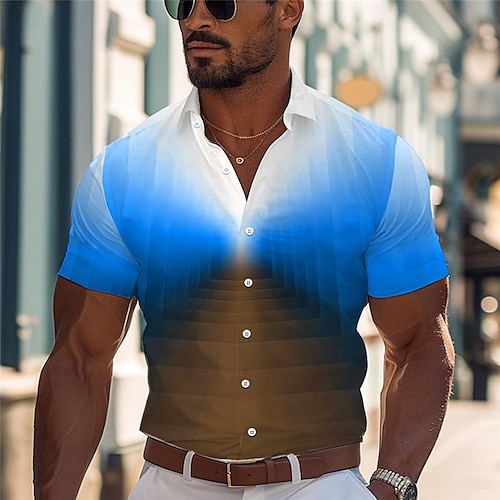  Voor heren Overhemd Bedrukte overhemden Geometrisch patroon Buiten Straat blauw Oranje Groen Korte mouw Strijkijzer Zomer Kleding Afdrukken