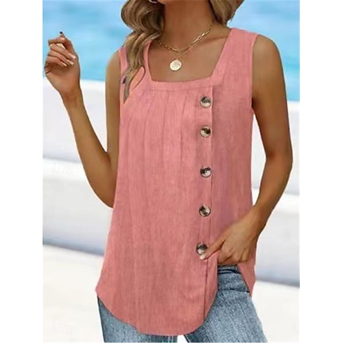  Women's Camisole Tank Top Sleeveless Round Neck Asymmetrical Button Side Solid Color Casual Summer Top Regular Fit Charcoal Green