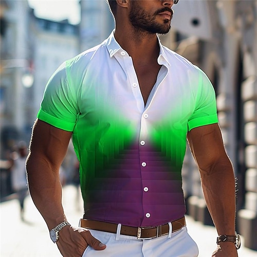  Voor heren Overhemd Bedrukte overhemden Geometrisch patroon Buiten Straat blauw Oranje Groen Korte mouw Strijkijzer Zomer Kleding Afdrukken