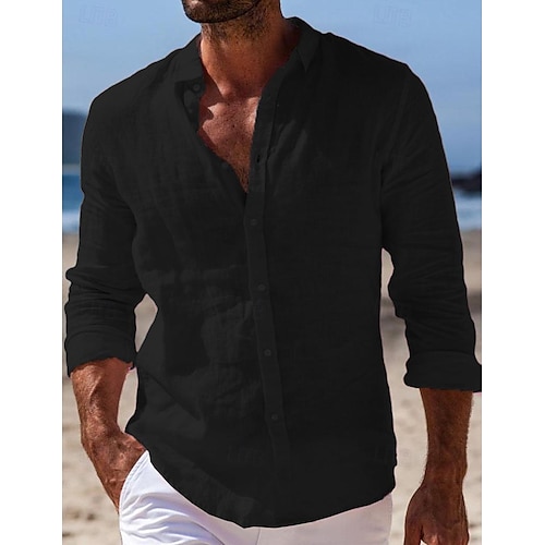  Per uomo Camicia camicia di lino Camicia estiva Abbigliamento mare Camicia con bottoni Liscio Informale Giornaliero Nero Bianco Rosa Blu marino Manica lunga Collo ripiegabile Primavera estate