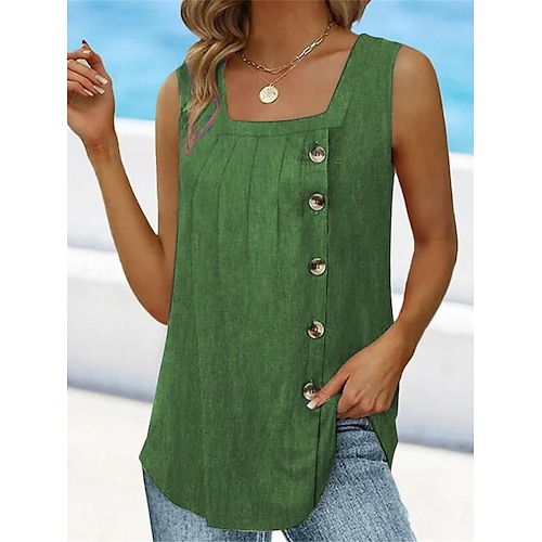  Women's Camisole Tank Top Sleeveless Round Neck Asymmetrical Button Side Solid Color Casual Summer Top Regular Fit Charcoal Green