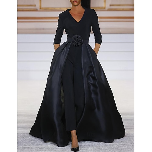 Combinaison avec jupe maternelle de la mariée Robe élégante Simple Robe noire Décolleté en V Traîne balayante  brosse Tissu extensible Manches 3/4 avec couleur unie robe qui impressionne robe