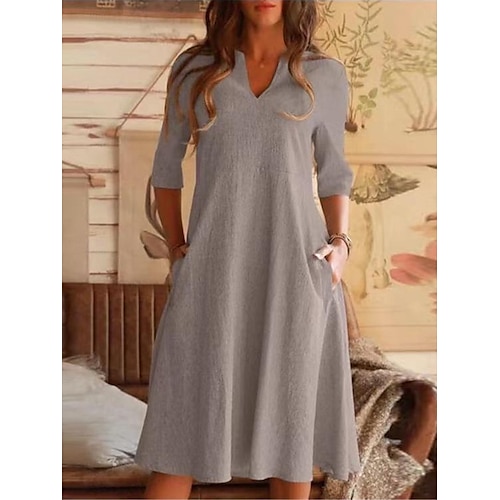 Femmes Noir Bleu Gris Été Printemps Robe Midi Robes en coton et lin Robe Décontractée Robe d'été en coton Basique Moderne Quotidien Week-end Coupe Ample Uni Col fendu
