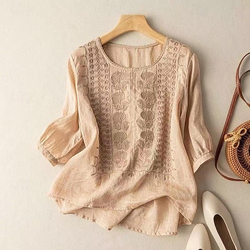 Per donna Camicia Blusa Top Lungo in Cotone Top Bianco in Cotone Floreale Casual Mezza Manica Girocollo Top Regolari Uscire Ricamato Bianco Giallo Viola Cachi