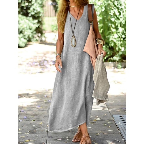 Femmes Rose Claire Bleu Kaki Été Printemps Robe Maxi Robe maxi Robes en coton et lin Robe Décontractée Robe d'Été Basique Moderne Quotidien Week-end Coupe Ample Uni Col en V