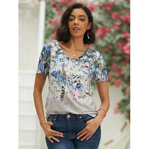 maglietta da donna stampa floreale basic manica corta top regolari scollo a V festa fine settimana rosa blu verde