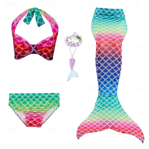  Gyerekek Lány Öt darab Mermaid fürdőruha Fürdőruha Bikini Úszás Szivárvány aranyos stílus Szexi Nyomtatott Fürdőruhák 3-10 év Nyár Világoskék Vörös arany