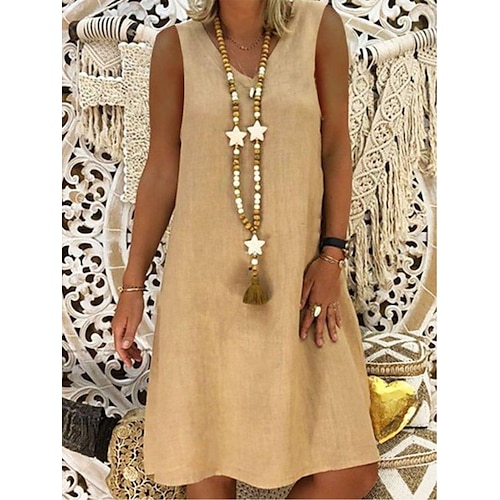 Femmes Noir Jaune Vin Été Printemps Mini Robe Robes en coton et lin Robe d'Été Occasionnel Vacances Quotidien Plage Coupe régulière Uni Col en V
