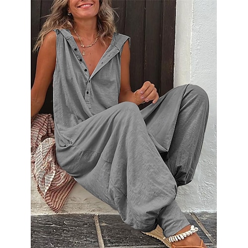 Mujer Normal Mono Ropa de calle Color sólido Sin Mangas Escote en Pico Botones Calle Diario Ajuste regular Vino Verde Ejército Verde Trébol Verano