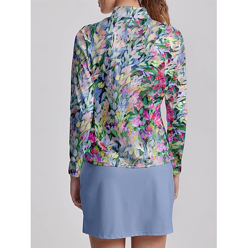  Women's Golf Polo Shirt Blue Long Sleeve Top Floral Ladies Golf Attire Clothes Outfits Wear Apparel