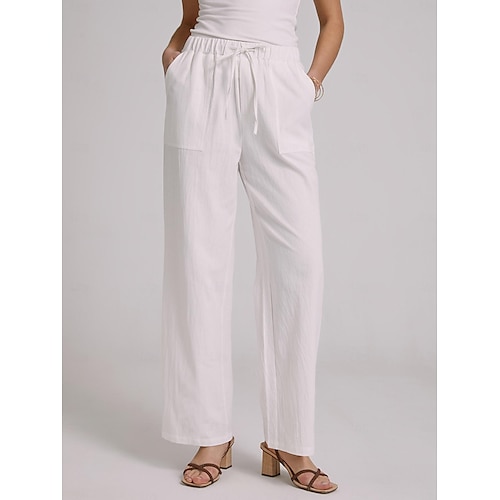 Women's Wide Leg Plus Size Cotton Linen Black White Solid Mid Waist Home Casual Summer Spring