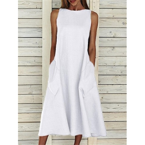 Vestido midi de mujer sin mangas con bolsillos, informal, corte en A, escote redondo, blanco, para verano, versátil, corte regular, cómodo, ligero, transpirable, ropa