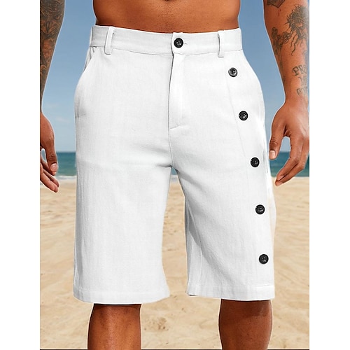 

Men's Shorts Linen Shorts Summer Shorts Pocket Side Button Straight Leg Solid Color Comfort Breathable Knee Length Casual Daily Vacation Fashion White Blue Inelastic