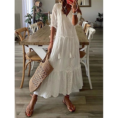 

Women's White Dress Long Dress Maxi Dress Ruffle Date Vacation Streetwear Maxi V Neck Half Sleeve White Red Blue Color