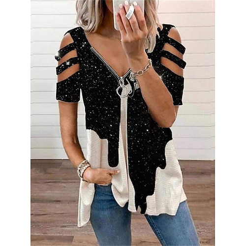 

Women's Tunic Top Cold Shoulder Short Sleeve Galaxy Zip Front Asymmetrical Hem Casual Spring Fall Black White Loose Fit Clothing Apparel