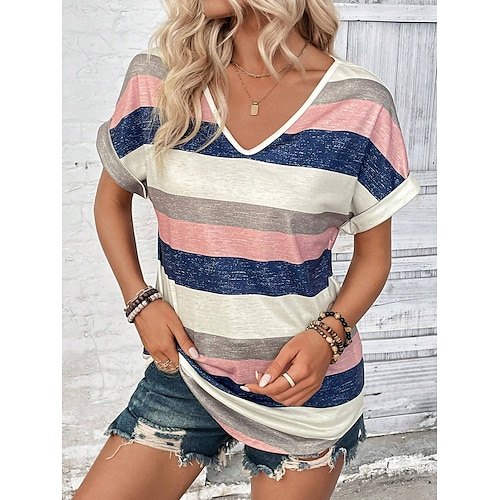 

Women's T shirt Tee Striped Casual Daily Print Pink Short Sleeve Fashion V Neck Summer