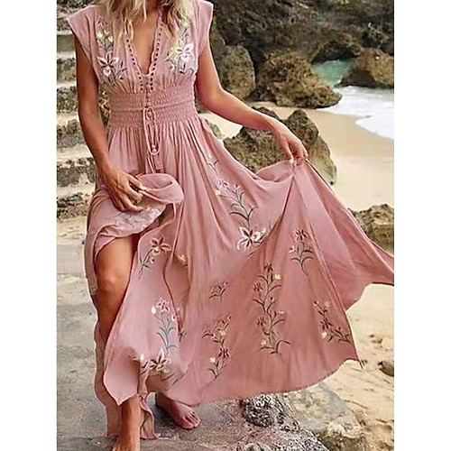 

Women's Casual Dress Swing Dress A Line Dress Floral Print V Neck Midi Dress Boho Vacation Short Sleeve Summer