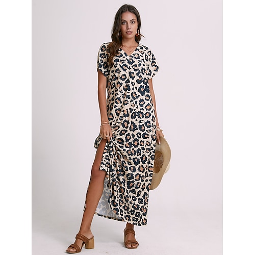 

Women's Casual Dress Split Print V Neck Long Dress Maxi Dress Vacation Short Sleeve Summer
