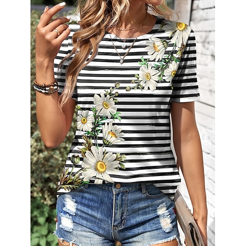 

Women's T shirt Tee Floral Striped Daily Weekend Print Black Short Sleeve Fashion Crew Neck Summer