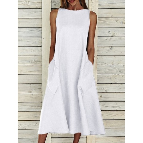 

Women's White Dress Maxi Dress Pocket Vacation Streetwear Casual Crew Neck Sleeveless Black White Yellow Color