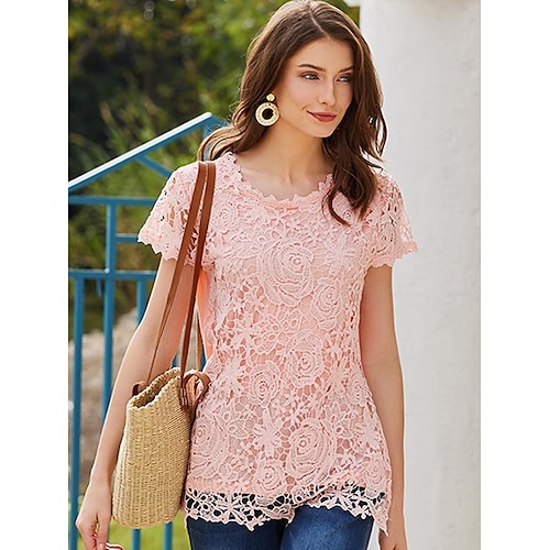 

Women's Going Out Tops Blouse Cotton Plain Casual White Pink Blue Lace Short Sleeve Vacation Vintage Fashion Round Neck Regular Fit Summer Spring