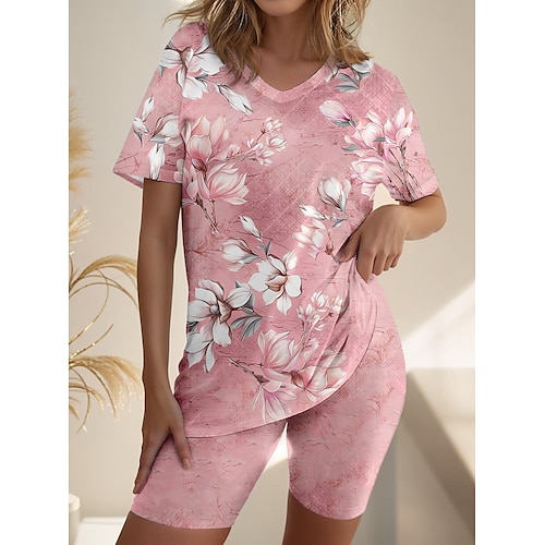 

Women's T shirt Tee Shorts Sets Floral Casual Daily Print Pink Short Sleeve Fashion V Neck Summer