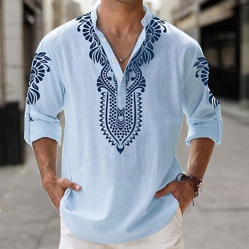 

Paisley Tribal Bandana Print Tribal Men's Shirt Linen Shirt Daily Wear Vacation Going out Spring & Fall Stand Collar Long Sleeve White, Blue, Khaki S, M, L Slub Fabric Shirt