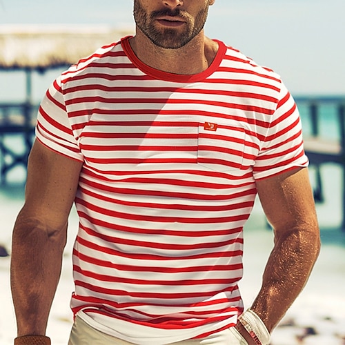 

Men's T shirt Tee Tee Top Striped Crew Neck Street Vacation Short Sleeves Front Pocket Clothing Apparel Fashion Designer Basic Beach