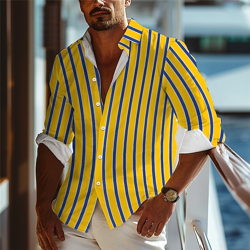 

полосатая мужская курортная гавайская рубашка с 3d принтом уличный отдых пляж весна & Летняя отложная желтая рубашка с длинными рукавами, размеры, размеры, эластичная ткань в 4 направлениях
