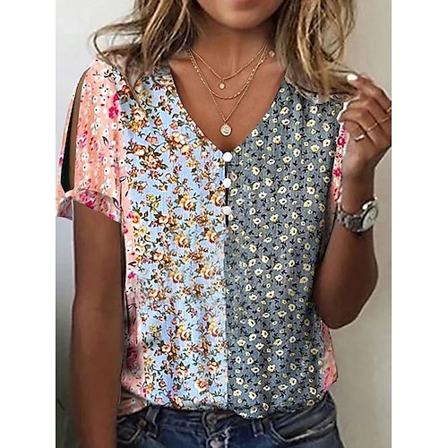 

Women's T shirt Tee Henley Shirt Floral Graphic Casual Daily Button Cut Out Print Yellow Short Sleeve Print V Neck Summer