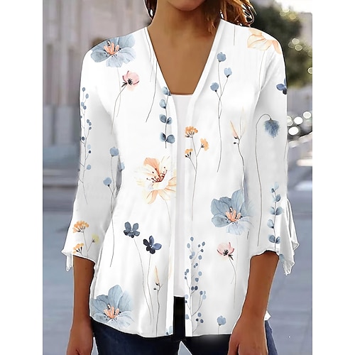 

Women's Shirt Blouse Floral Graphic Print Casual Basic 3/4 Length Sleeve V Neck White