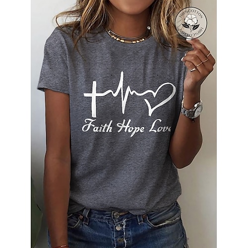 

Women's T shirt Tee 100% Cotton Heart Letter Print Casual Weekend Basic Short Sleeve Round Neck White